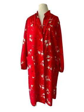 Vtg 70s Saks Fifth Ave Red Floral Lounge Dress L/XL House Coat Robe Snap Front